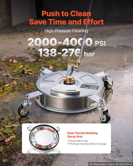 Vevor 33 см Почистващ Препарат за Повърхности за Водоструйка с Колела, Аксесоар от Неръждаема Стомана за Електрическа Водоструйка, за Бетон, Вътрешен Двор, Пътеки, Подове и Подподови Пространства, Макс. 4000 psi, Бърза Връзка 1/4, Удължителна Тръба