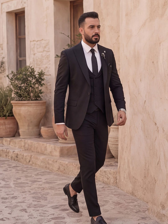 Winter Men's Groom's Suit with Vest in Slim Fit Black