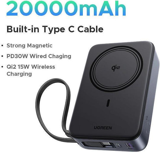 Ugreen PB567 MagSafe Qi2 Power Bank 20000mAh 15W mit USB-A Ausgangsanschlüsse und USB-C Ausgangsanschlüsse Grau