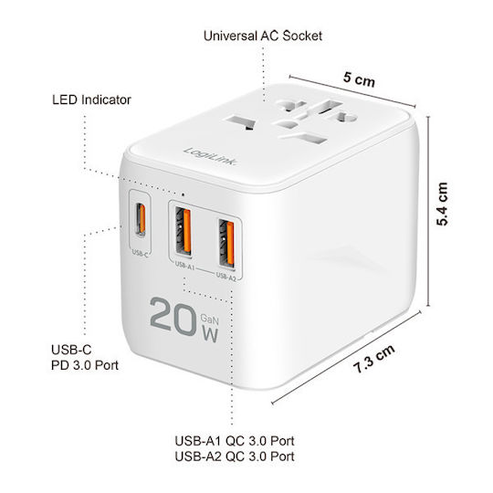 LogiLink Cable-Free Charger with 2 USB-A Ports and 1 USB-C Port 20W Power Delivery White (PA0356)