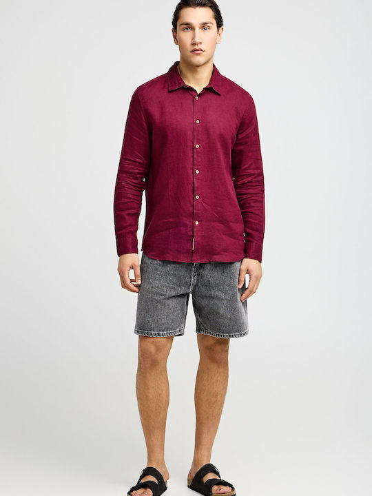 Long Sleeve Linen Shirt in Regular Fit Burgundy