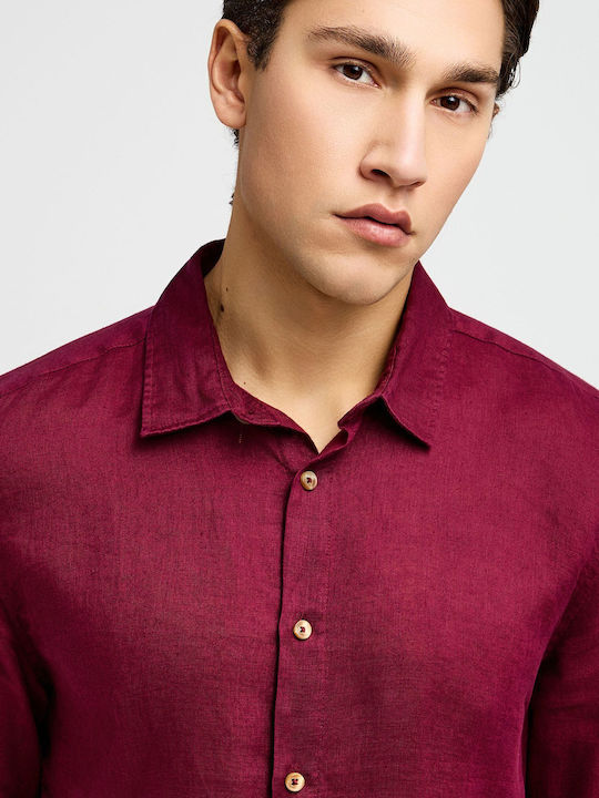 Long Sleeve Linen Shirt in Regular Fit Burgundy