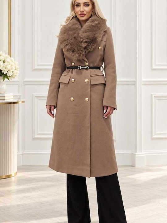 Wool Women's Coat Brown with Fur Details