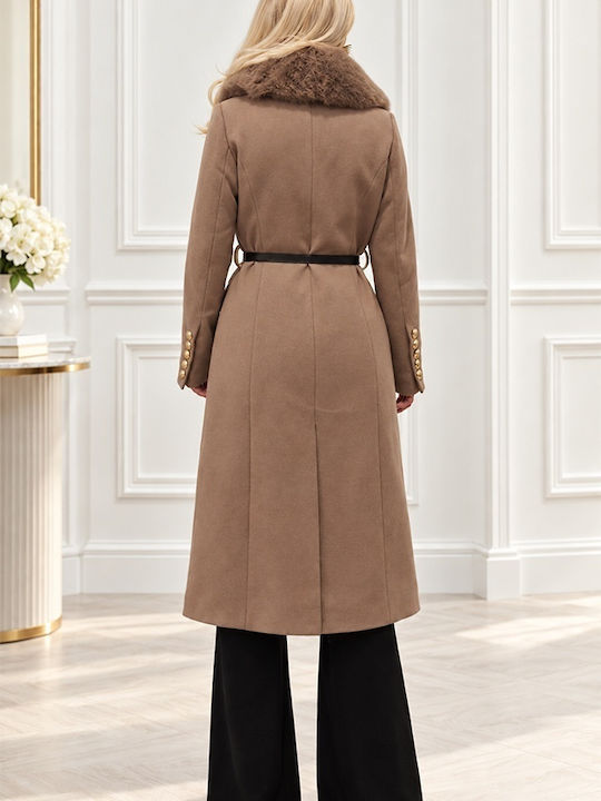 Wool Women's Coat Brown with Fur Details