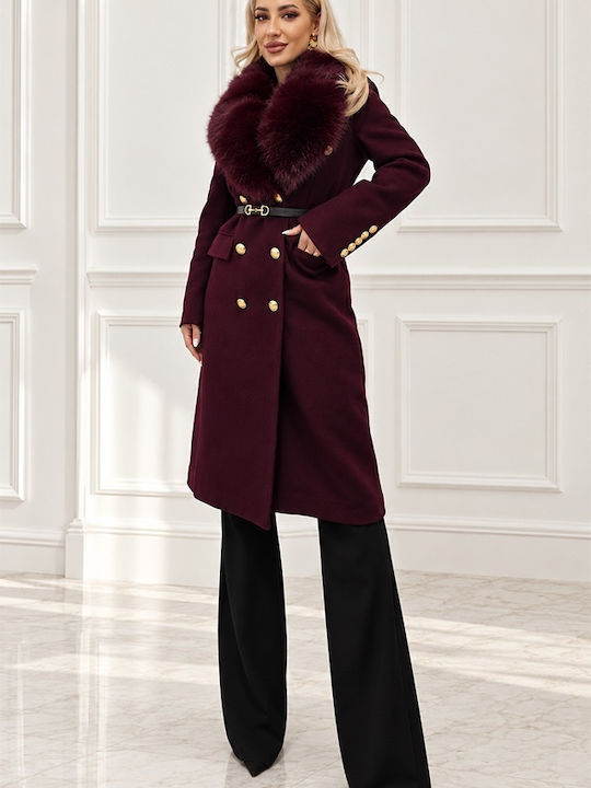Wool Women's Coat Burgundy with Fur Details