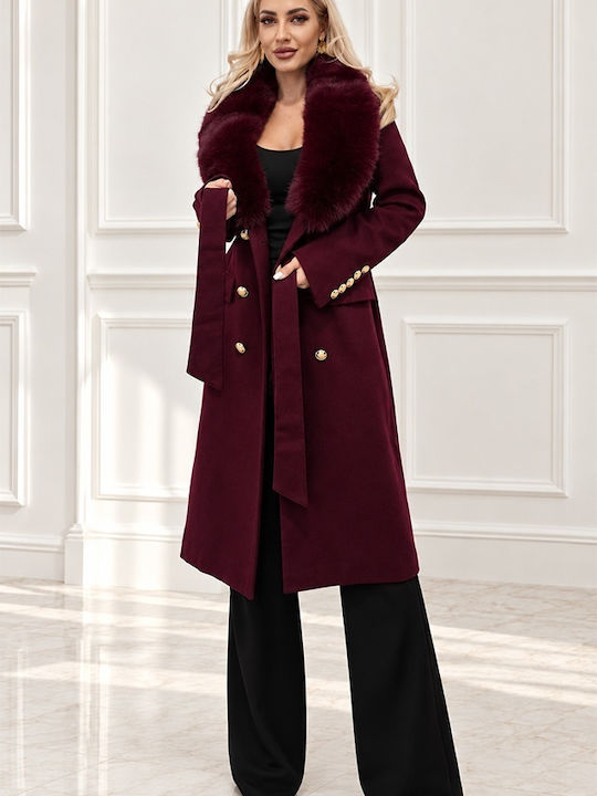 Wool Women's Coat Burgundy with Fur Details