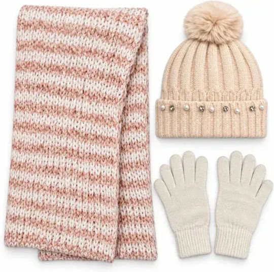 Set with Beanie Knitted in Beige color