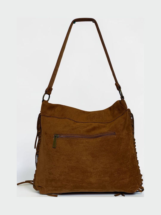 Women's Suede Messenger Bag with Fringes in Tabac Brown