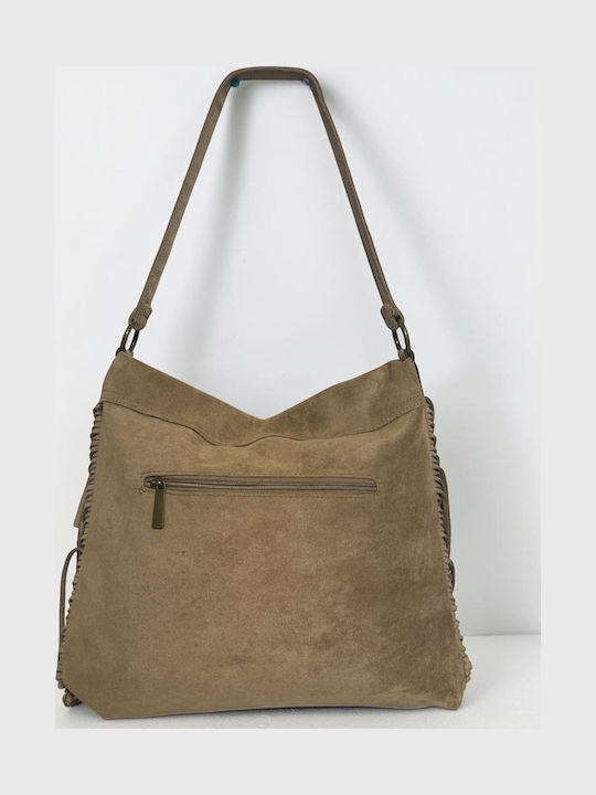 Women's Suede Messenger Bag with Fringes Beige