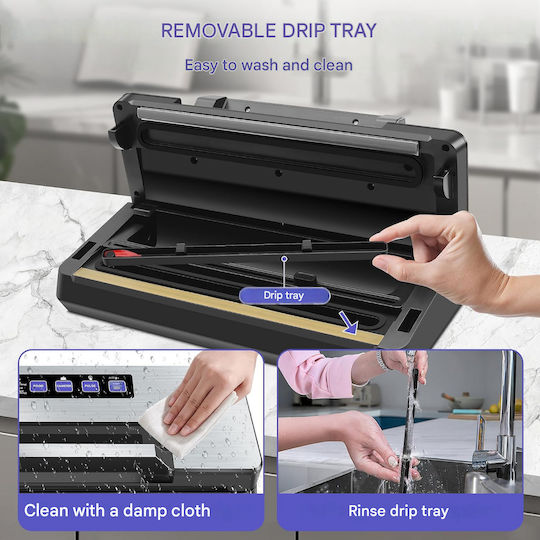 Aparat de Vidat Alimente cu Două Pompe, 18 L/min, 145 W, 95 kPa, Automat cu o Singură Atingere, Bandă de Sigilare de 5 mm, Cutter, Compartiment pentru Role, Tavă pentru Lichide, Argintiu și Negru