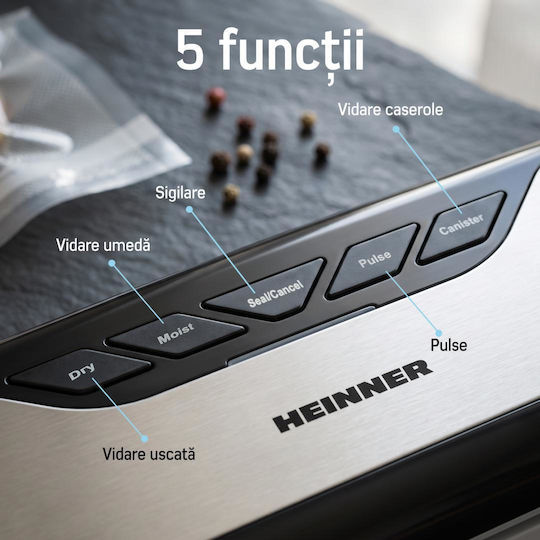Aparat de Sigilare în Vid pentru Alimente Heinner Foodseal Hav-y136bkss 130 W Alimente Uscate și Lichide 5–6 L Min Lățime de Sigilare 30 Cm Negru Detalii din Oțel Inoxidabil