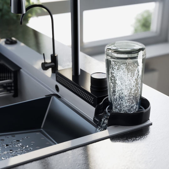 Sanitec Ultra Granite Drop-In Küchenspüle aus Flüssigem Granit mit Wasserhahn M79xP50cm Schwarz Matt