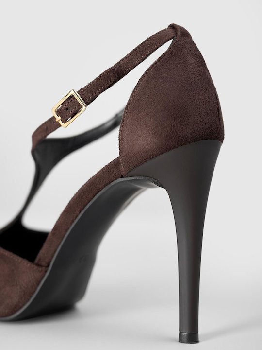 Suede Pointed Toe Heels with Strap Brown