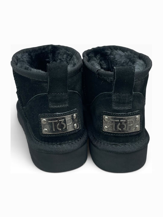 Leather Women's Ankle Boots with Fur Negro