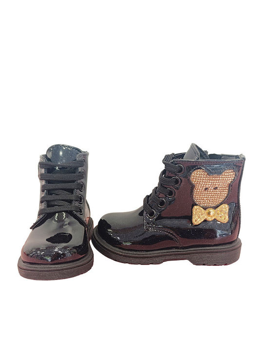 Kids Patent Leather Military Boots with Zipper Black