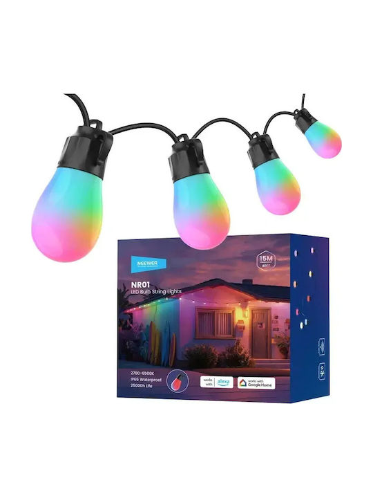 Neewer Waterproof Smart LED Garland Lights 15m with 15 Lamps