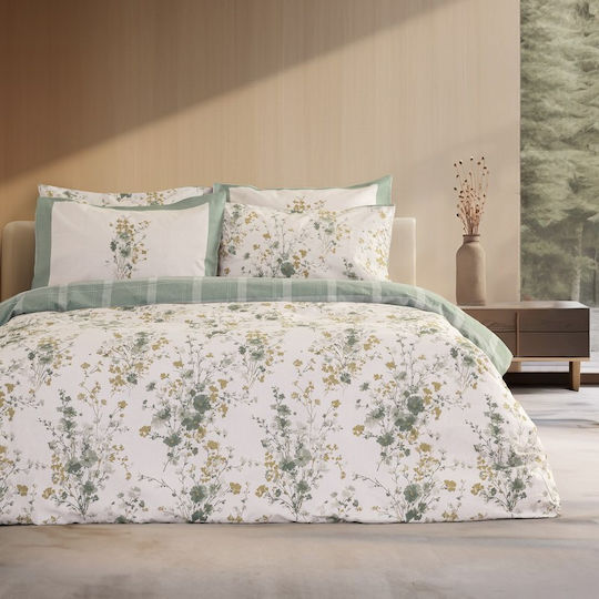 Nima Sensual Single Bed Sheet Set with Fitted Sheet 100x200+32cm Ecru-Green (3 Pieces)