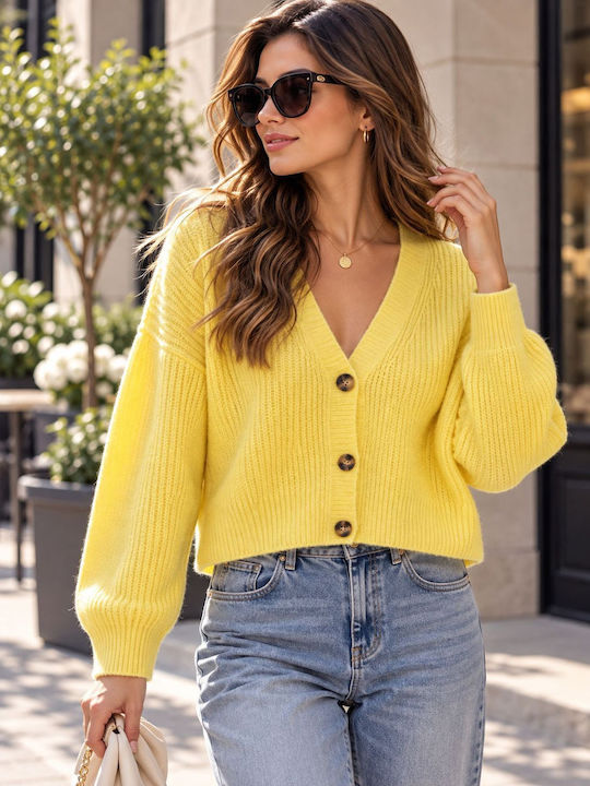 Short Women's Knitted Cardigan with Buttons Yellow