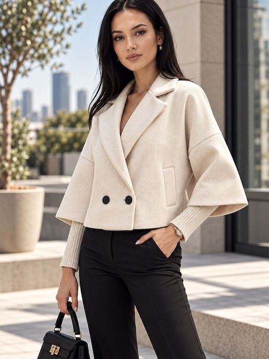 Denim Women's Leopard Coat Cream with Buttons