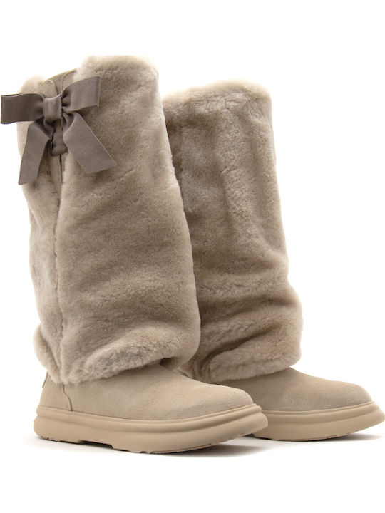 Apres City Tall Suede Γυναικείες Μπότες με Γούνα Μπεζ