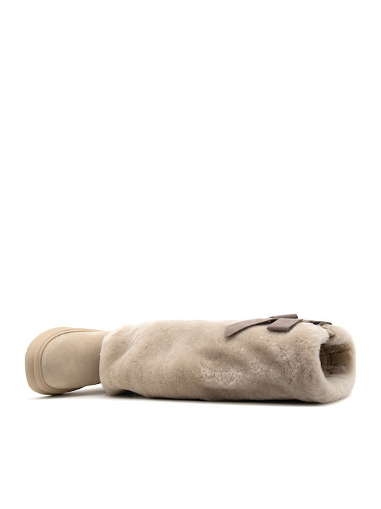 Apres City Tall Suede Γυναικείες Μπότες με Γούνα Μπεζ