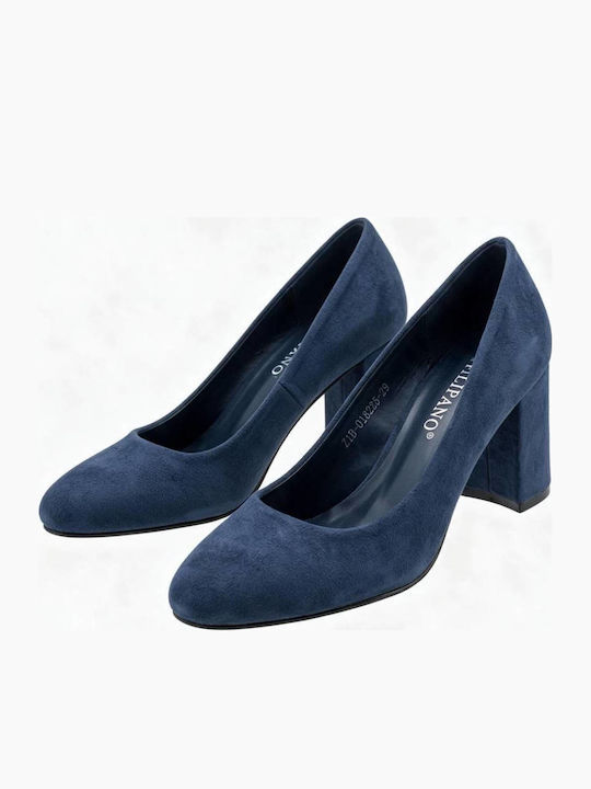 Blue Suede Pointed Toe Pumps with Chunky Mid Heel