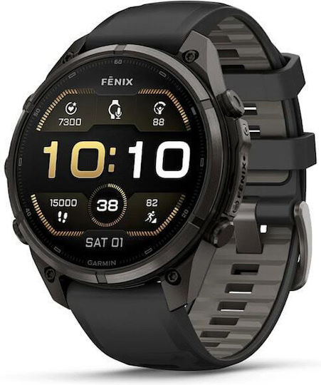Garmin Fenix 9 Pro Titanium 47 mm Водоустойчив смарт часовник с пулсомер (Carbon Gray DLC с черна/сиво-бежова силиконова каишка)