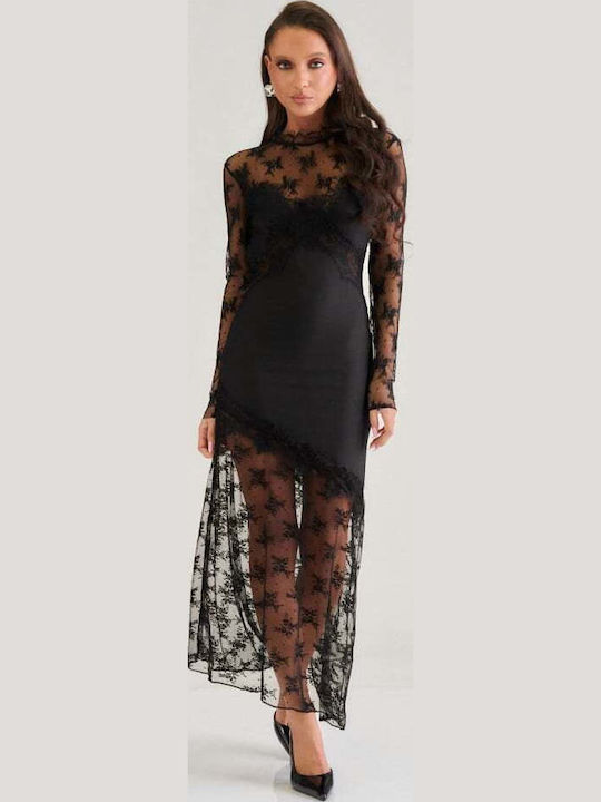 Maxi Evening Dress Open Back with Sheer Detail Black