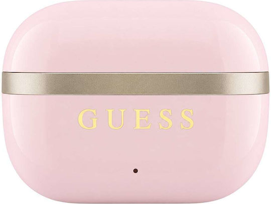 Glossy Gold Lineprinted Classic Logo Earbud Bluetooth Handsfree Headphones with Pink Charging Case
