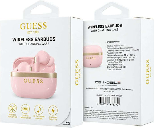 Glossy Gold Lineprinted Classic Logo Earbud Bluetooth Handsfree Headphones with Pink Charging Case