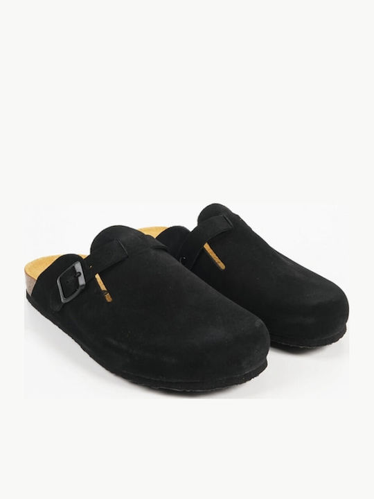 Memory Foam Σαμπό Δερμάτινες Ανδρικές Παντόφλες Μαύρες Ανατομικές