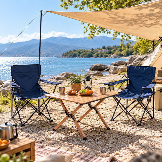 Medrelaxhome Campingmöbel Set aus 3 Stück mit Faltbarem Strandtisch Kompakt und 2 Faltbaren Campingstühlen Deluxe Blau