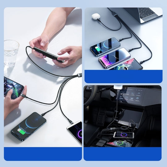Joyroom S-A18 Плетен USB Кабел към Lightning / Type-C / micro USB 3.5A Черен 1.2 м