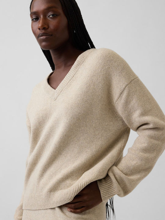 Pulover Cropped de Damă din Bumbac cu Decolteu în V Cobblestone Beige