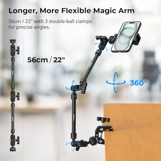 Smallrig 56 Cm Articulating Desk Clamp Magic Arm Dual Ball Joints 1/4" Thread 3/8" Adapter Phone Holder Included Aluminum Webcam Light Microphone Black