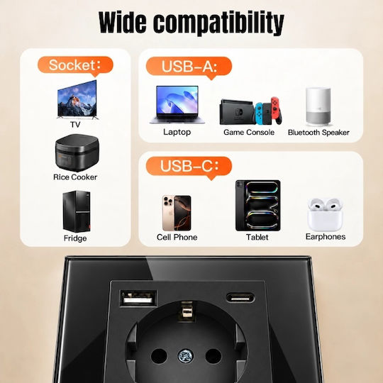 Priză Electrică Dublă cu Întrerupător Neagră