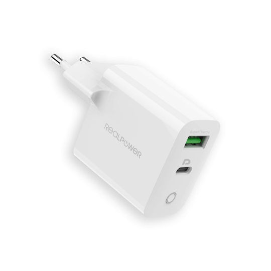 RealPower Φορτιστής Χωρίς Καλώδιο με Θύρα USB-A και Θύρα USB-C 20W Λευκός (PC-20)