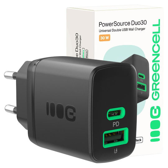 Green Cell Wireless Charger with USB-A and USB-C Output Ports 30W Power Delivery / Quick Charge 3.0 Black