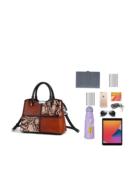 Geometric Floral Кафява Дамска Кожена Чанта Shopper