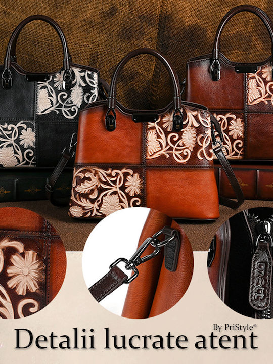 Geometric Floral Кафява Дамска Кожена Чанта Shopper