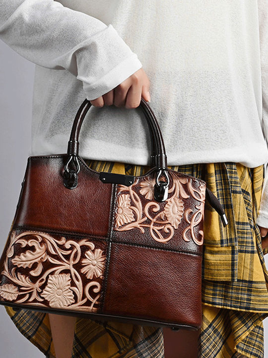 Geometric Floral Кафява Дамска Кожена Чанта Shopper