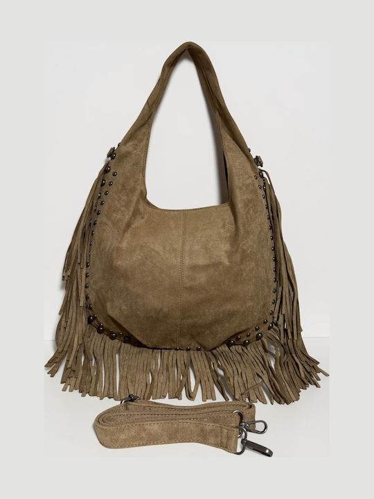 Women's Suede Shoulder Bag with Beige Fringes