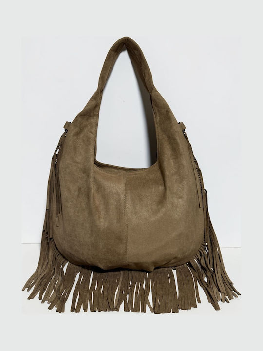 Women's Suede Shoulder Bag with Beige Fringes