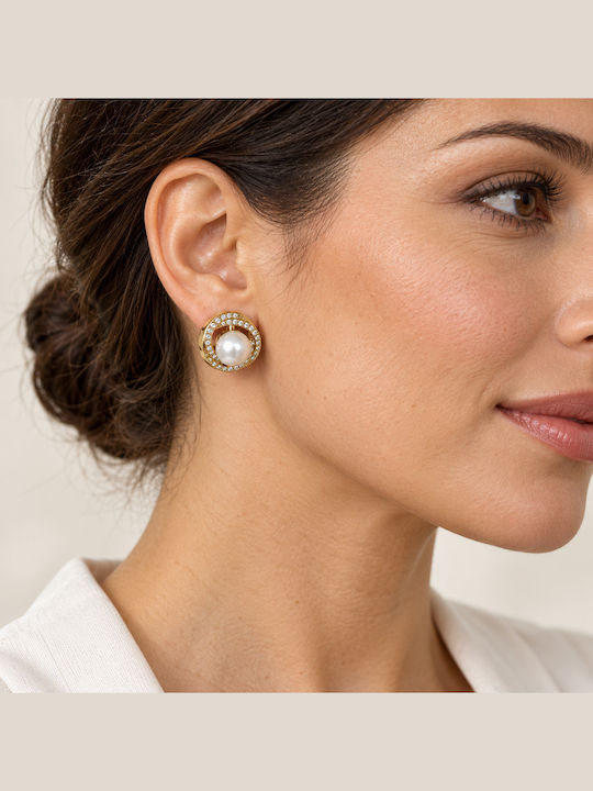 Women's Stud Earrings Steel White Pearl Bead & Stones – Gold Tone Women's Stud Earrings Steel White Pearl Bead & Stones – Gold Tone