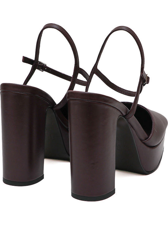 Leather Pointed Toe Platform Pumps with Strap & Chunky High Heel Burgundy