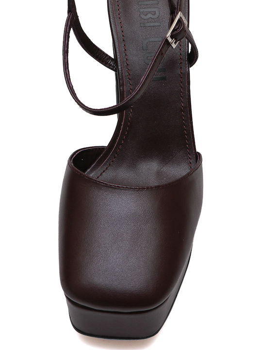 Leather Pointed Toe Platform Pumps with Strap & Chunky High Heel Burgundy