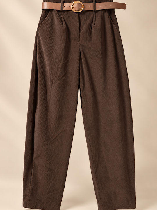Women's High-Waisted Brown Corduroy Trousers with Elastic Waistband in Slim Fit