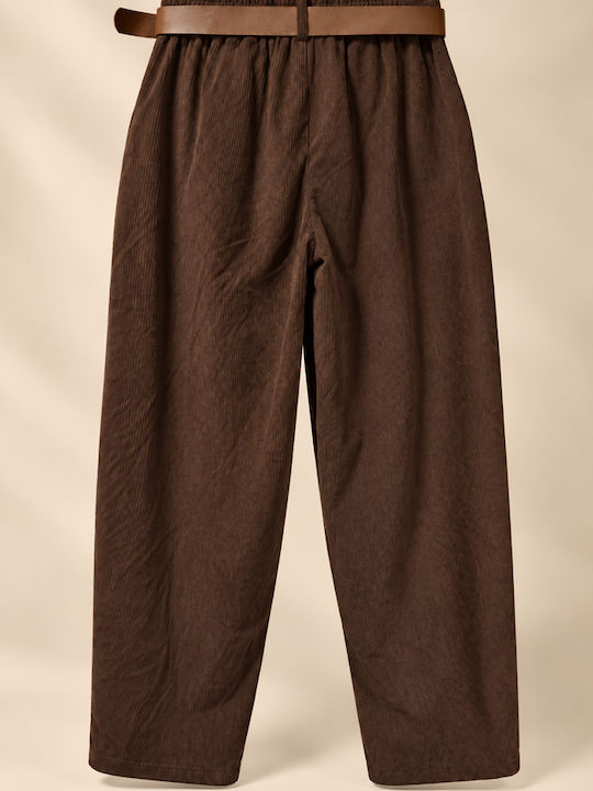 Women's High-Waisted Brown Corduroy Trousers with Elastic Waistband in Slim Fit