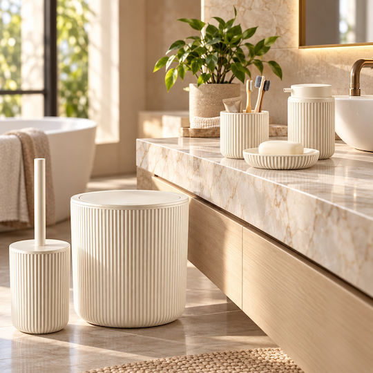 Femmit 5-Piece Bathroom Set Beige Waste Bin 4.5L Toilet Brush Soap Dispenser Toothbrush Holder & Soap Dish