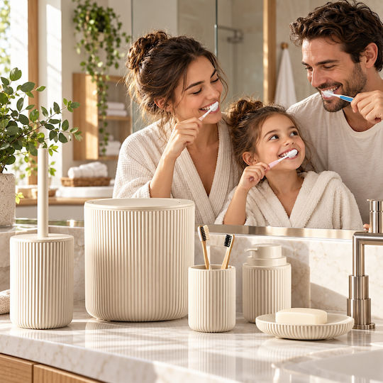 Femmit 5-Piece Bathroom Set Beige Waste Bin 4.5L Toilet Brush Soap Dispenser Toothbrush Holder & Soap Dish